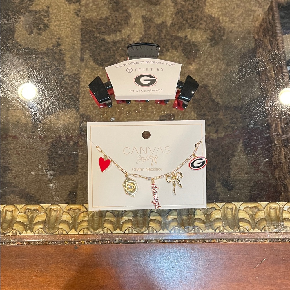 Bella Canvas GA Bulldogs Charm Necklace with GA Bulldogs large hair clip.